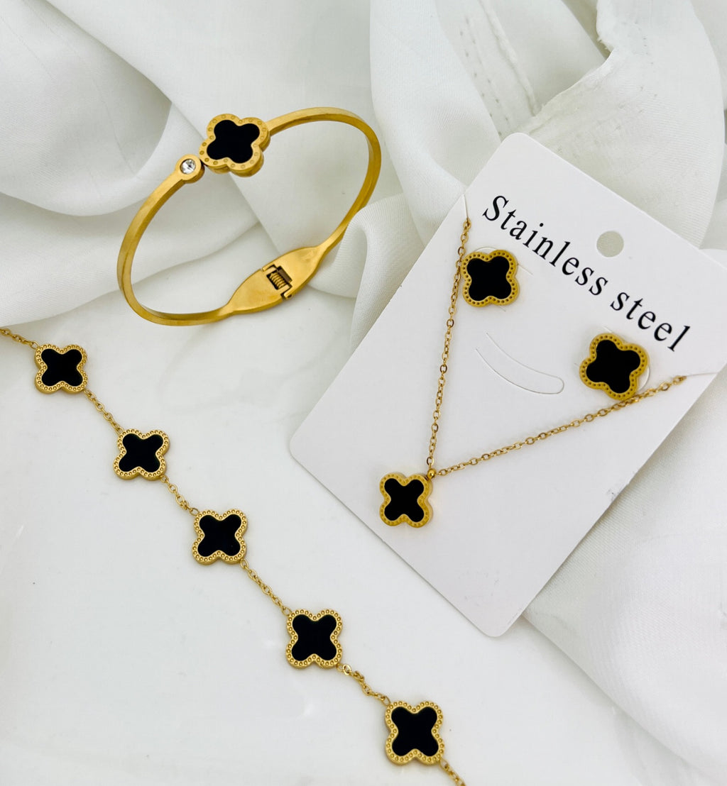 Black Floral (Bracelet+Handcuff+Earings+Necklace